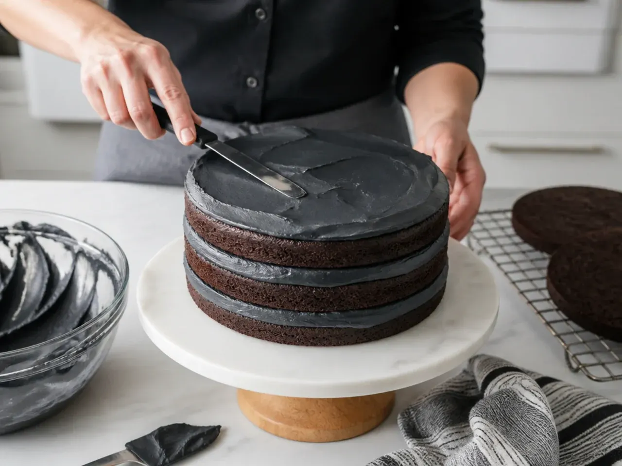 black cake for men — step 7: make black buttercream and assemble