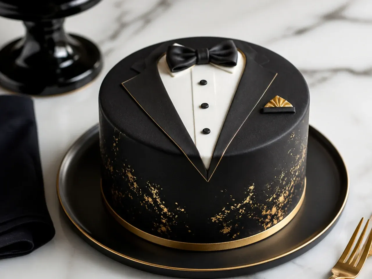 Matte black and gold tuxedo-style black cake for men on a dark plate