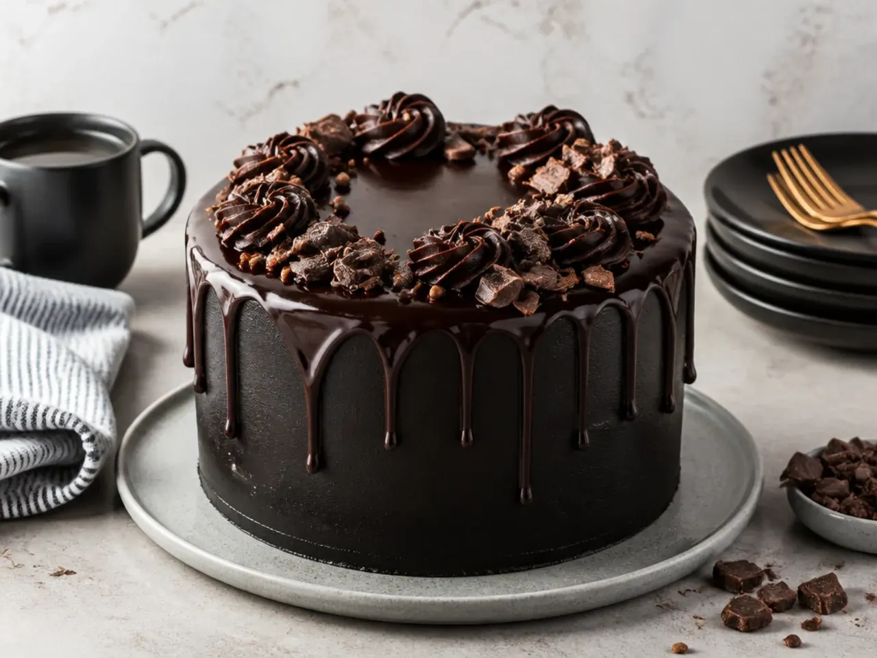 Black cake for men with glossy dark chocolate ganache drip down the sides