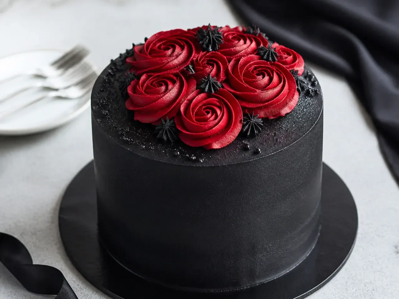 Black and red statement black cake for men with red rosettes on top