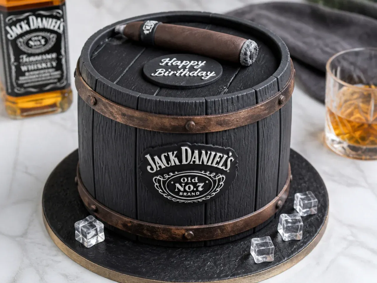Rustic whiskey barrel themed black cake for men with a chocolate cigar topper