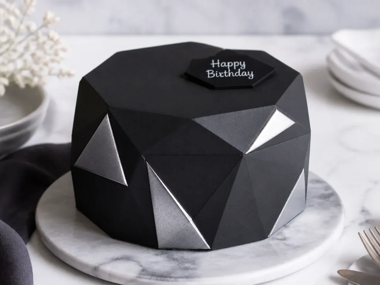 Geometric black and silver faceted black cake for men with metallic panels