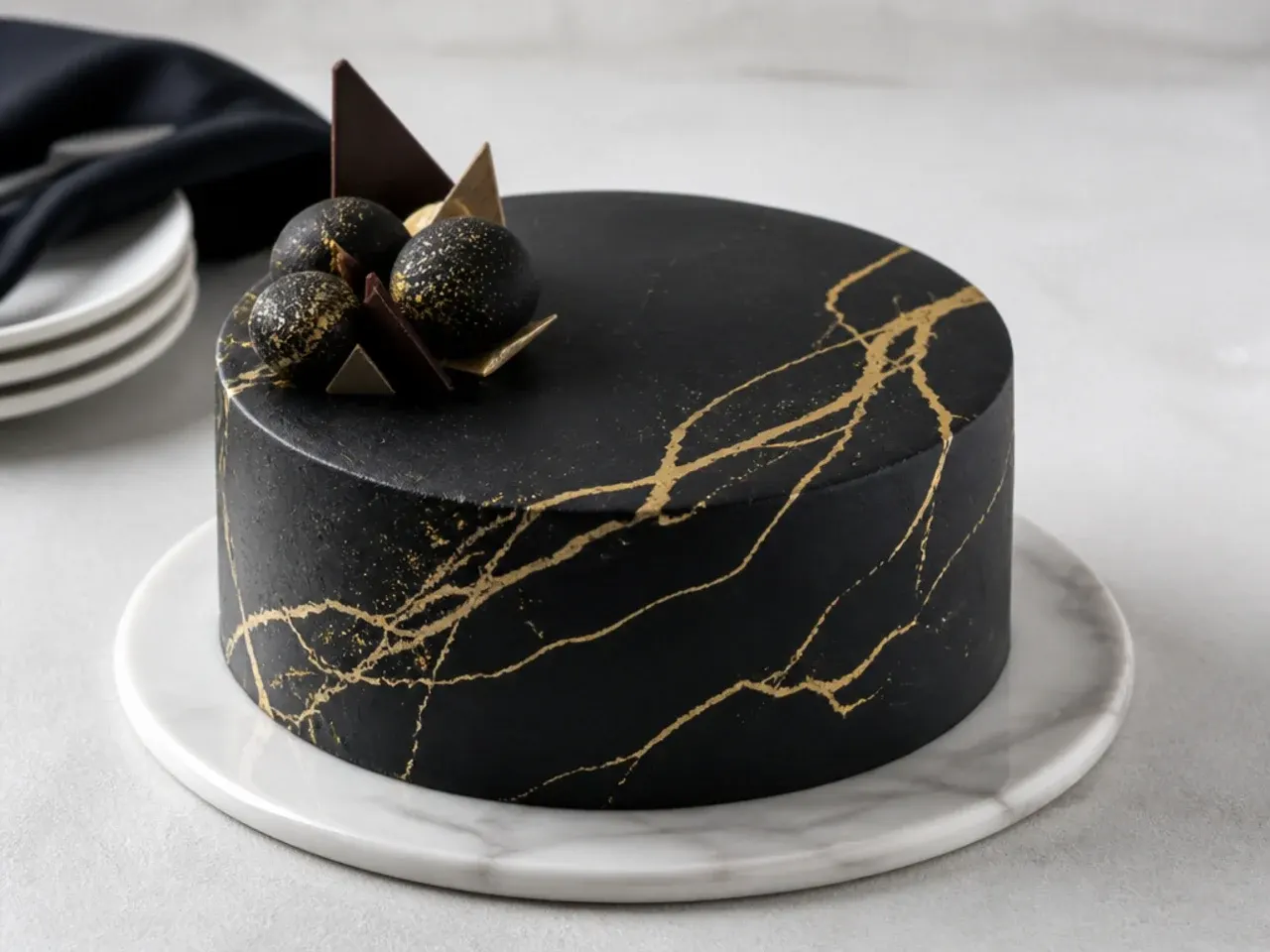 Black marble effect black cake for men with gold veining