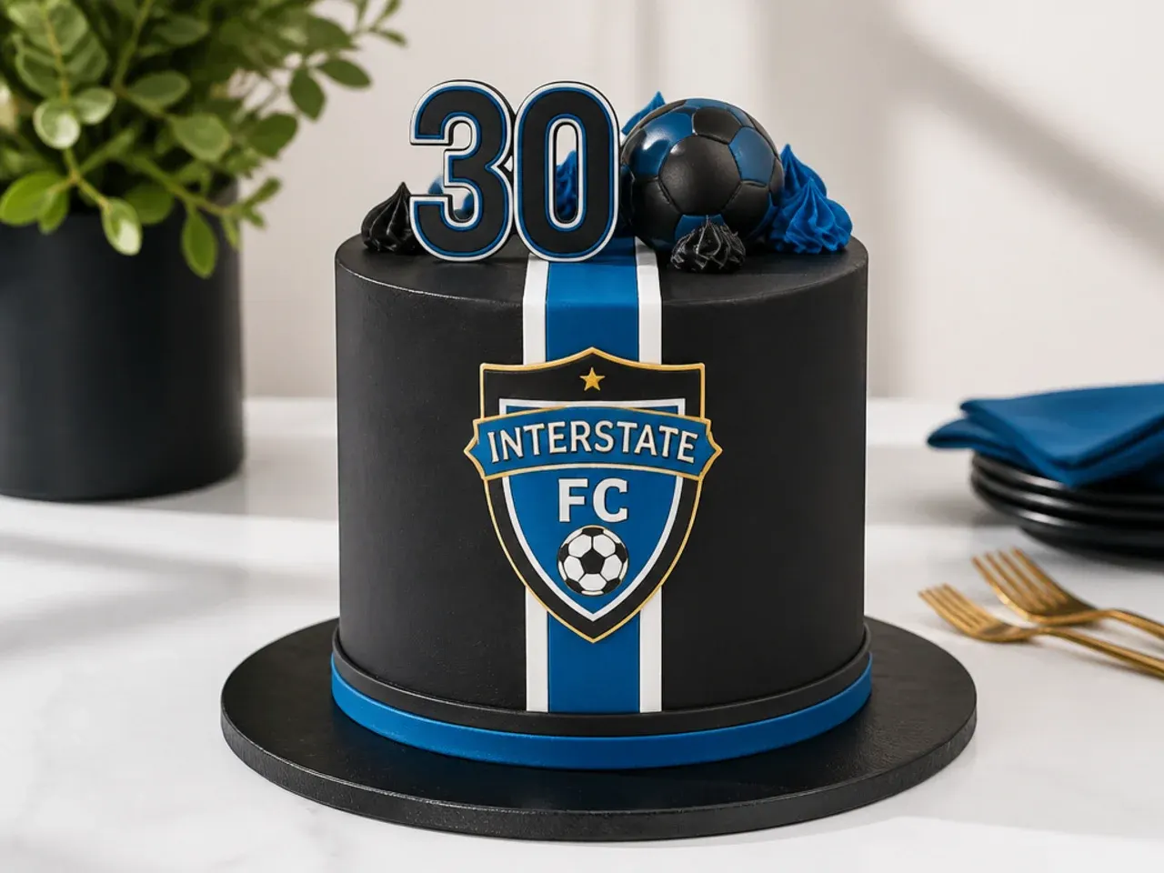 Black cake for men in sports team colours with a fondant number topper