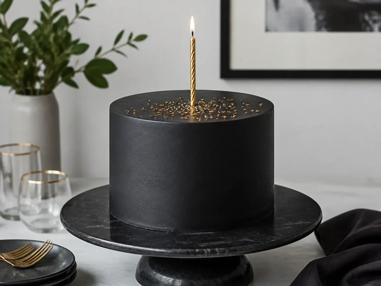 Minimal smooth matte black cake for men with one tall gold candle