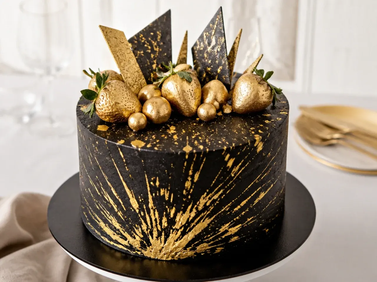Festive black and gold burst black cake for men with gold-dipped strawberries
