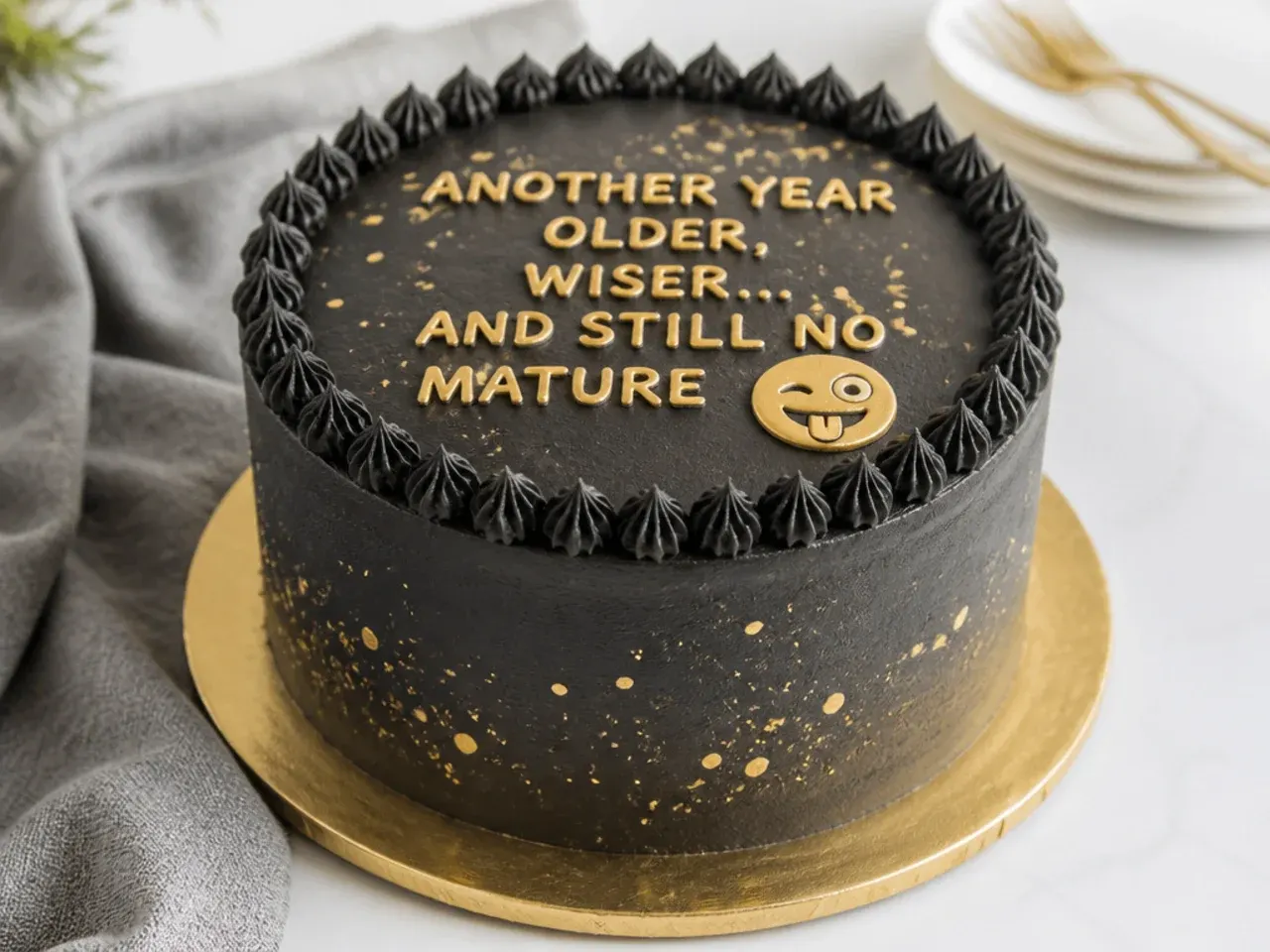 Playful black cake for men with a cheeky gold fondant message topper