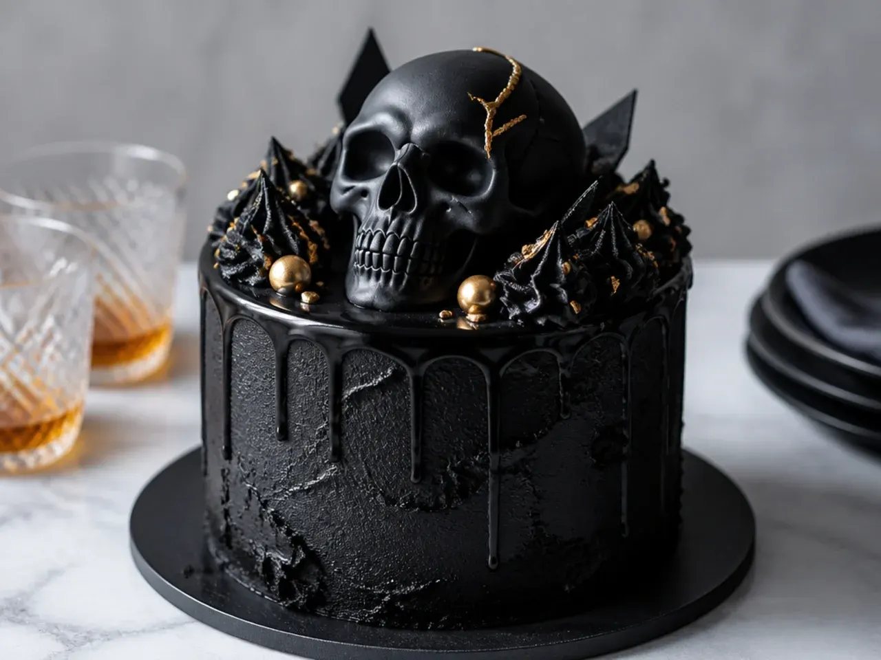 Bold black cake for men with a hand-moulded skull-style topper