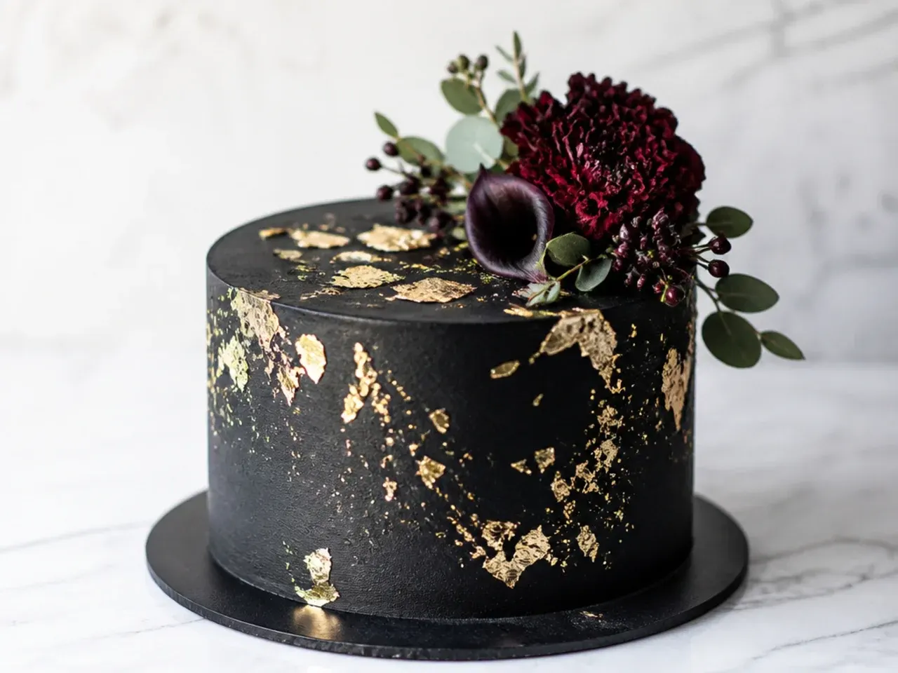 Delicate black cake for men with gold leaf and dark fresh flowers