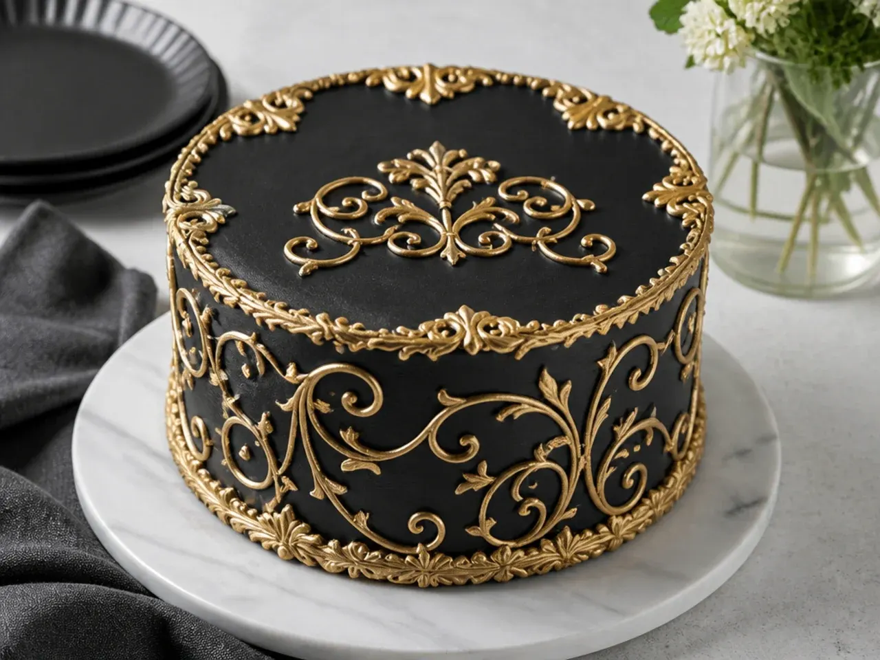 Vintage black cake for men with gold piped scrollwork over black buttercream