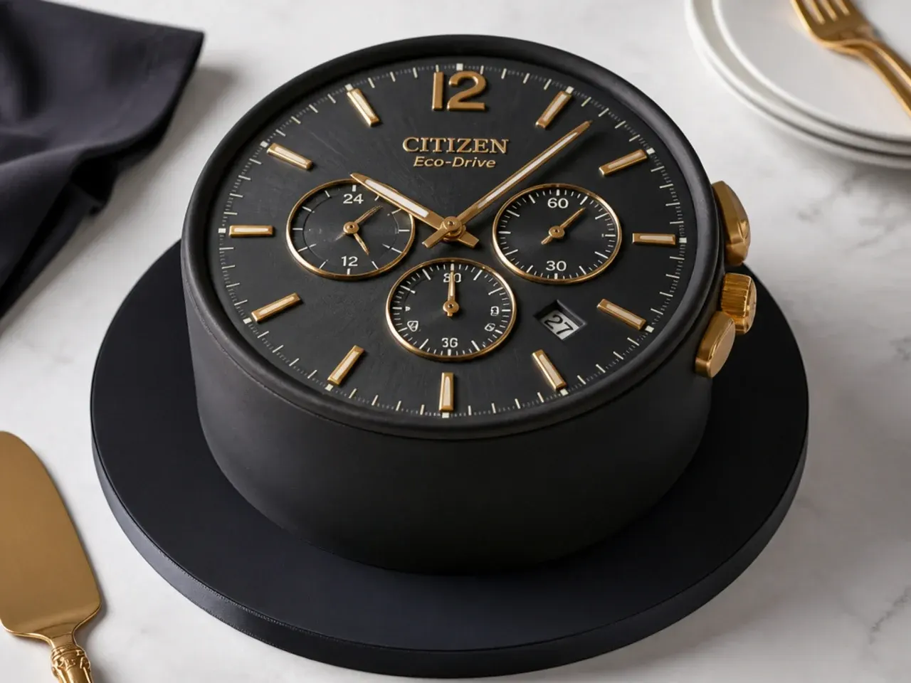 Creative black cake for men decorated like a luxury watch face