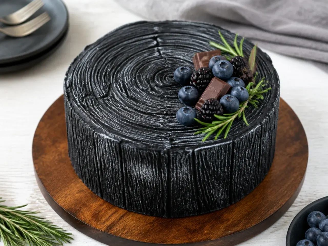 Charming rustic black cake for men with wood-grain buttercream texture