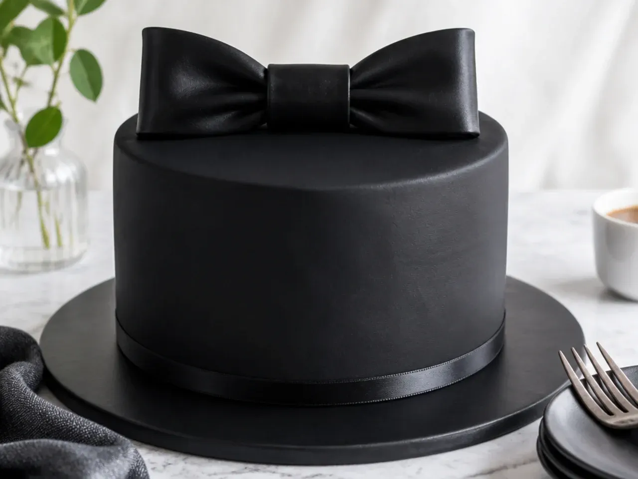 Classic black fondant black cake for men with an oversized bow-tie topper