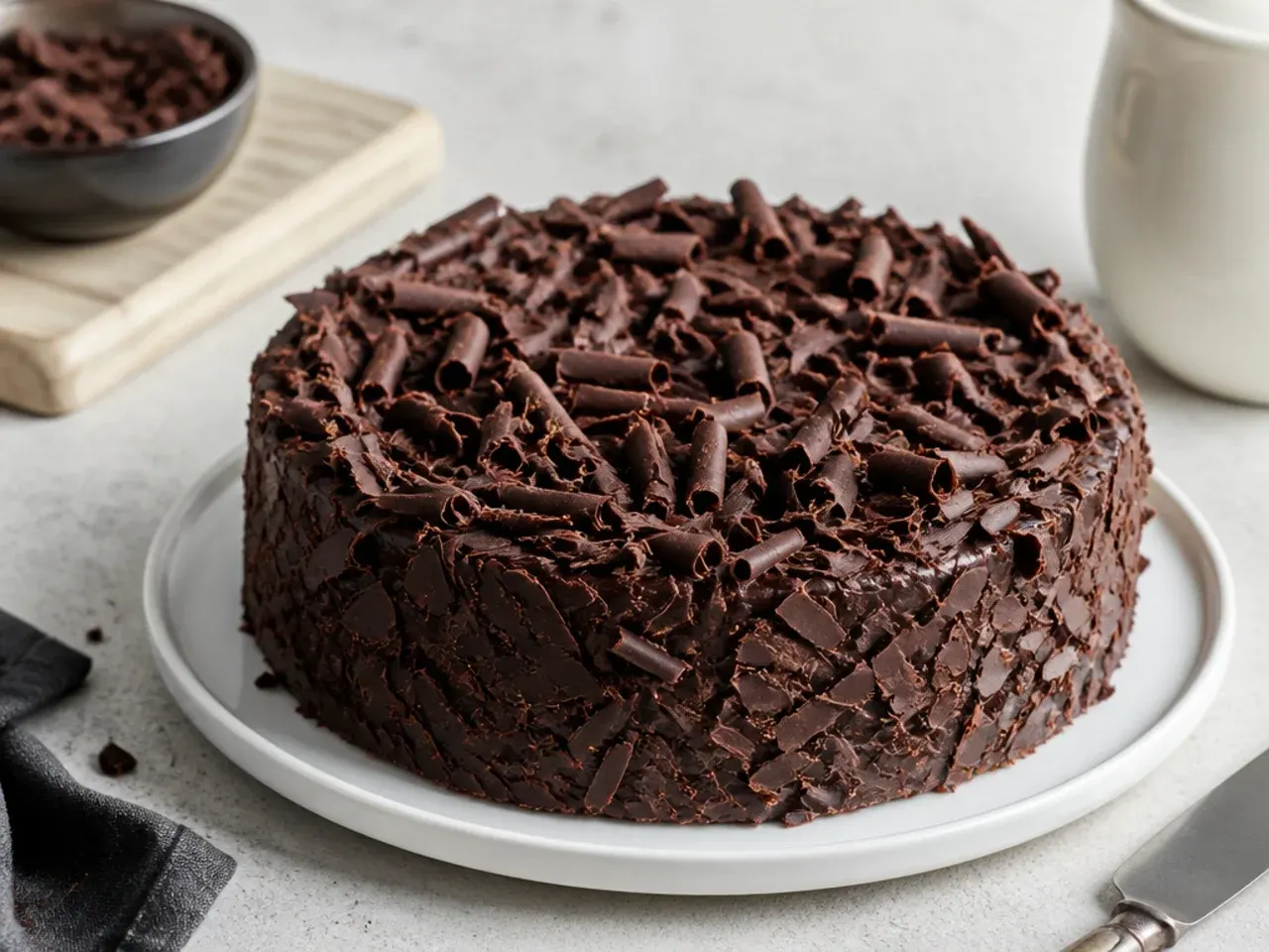 Easy black cake for men covered in dark chocolate shards and curls