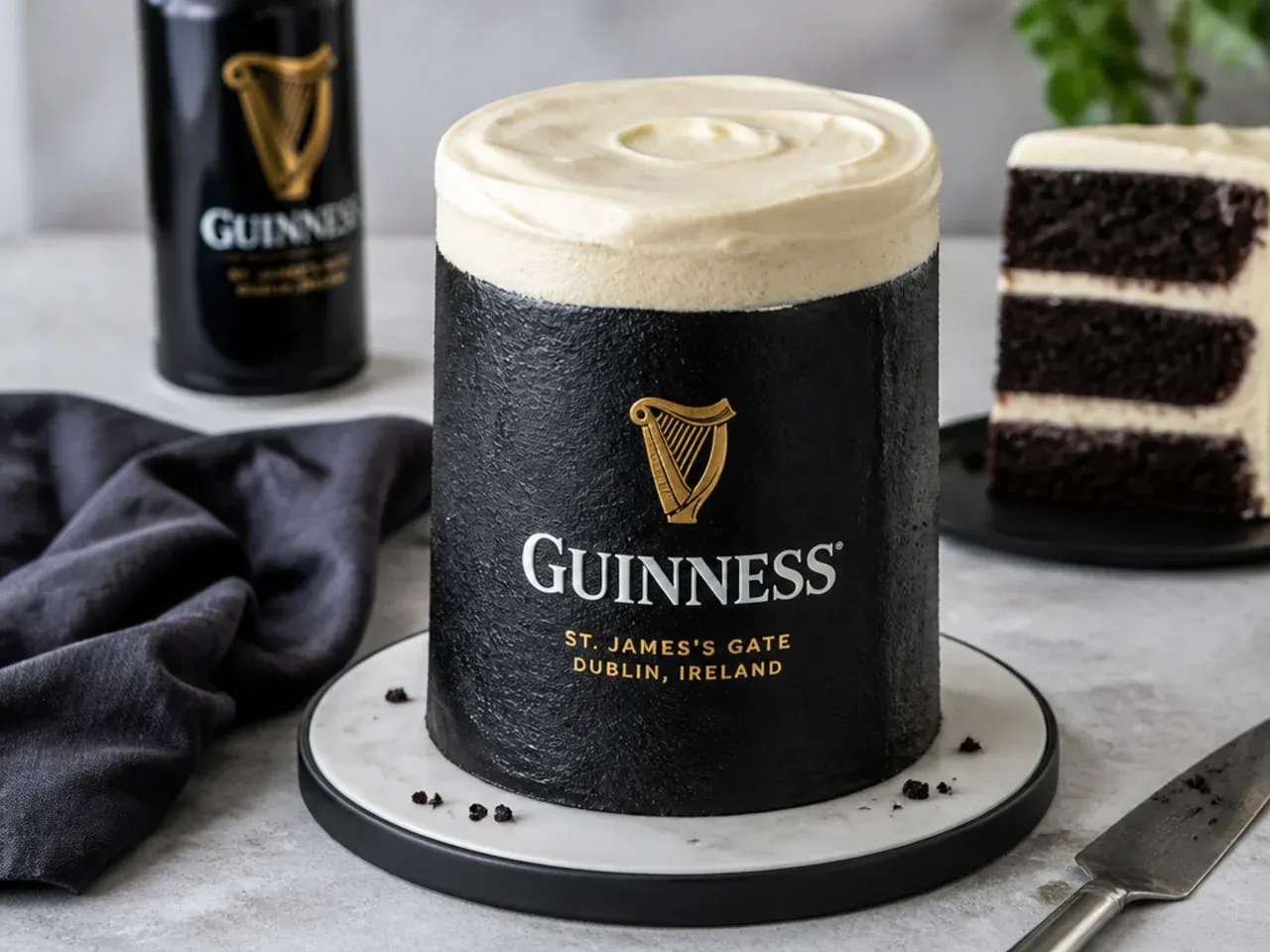 Playful black cake for men styled like a pint of stout with cream foam top