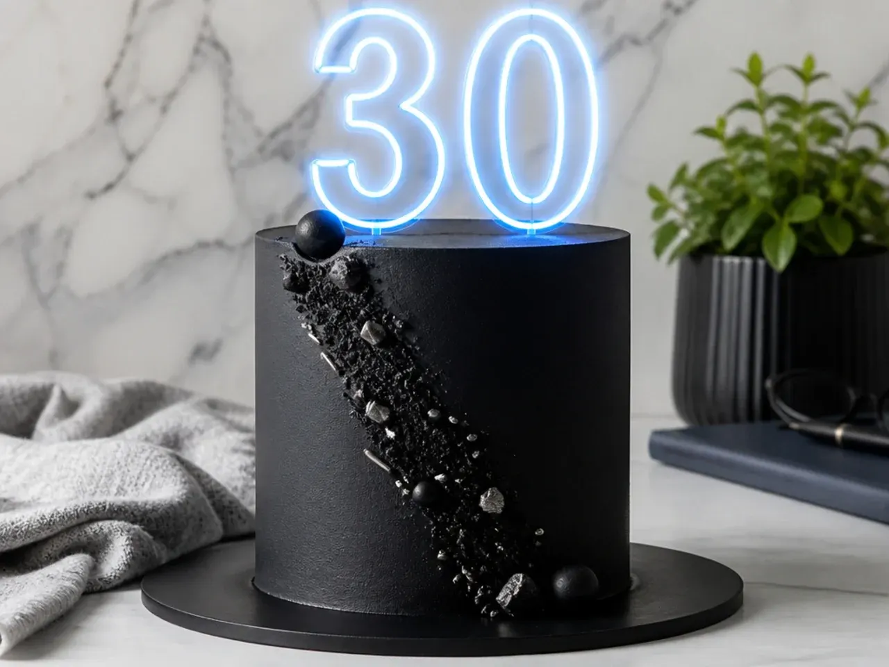 Modern matte black cake for men with a bright neon-effect number topper