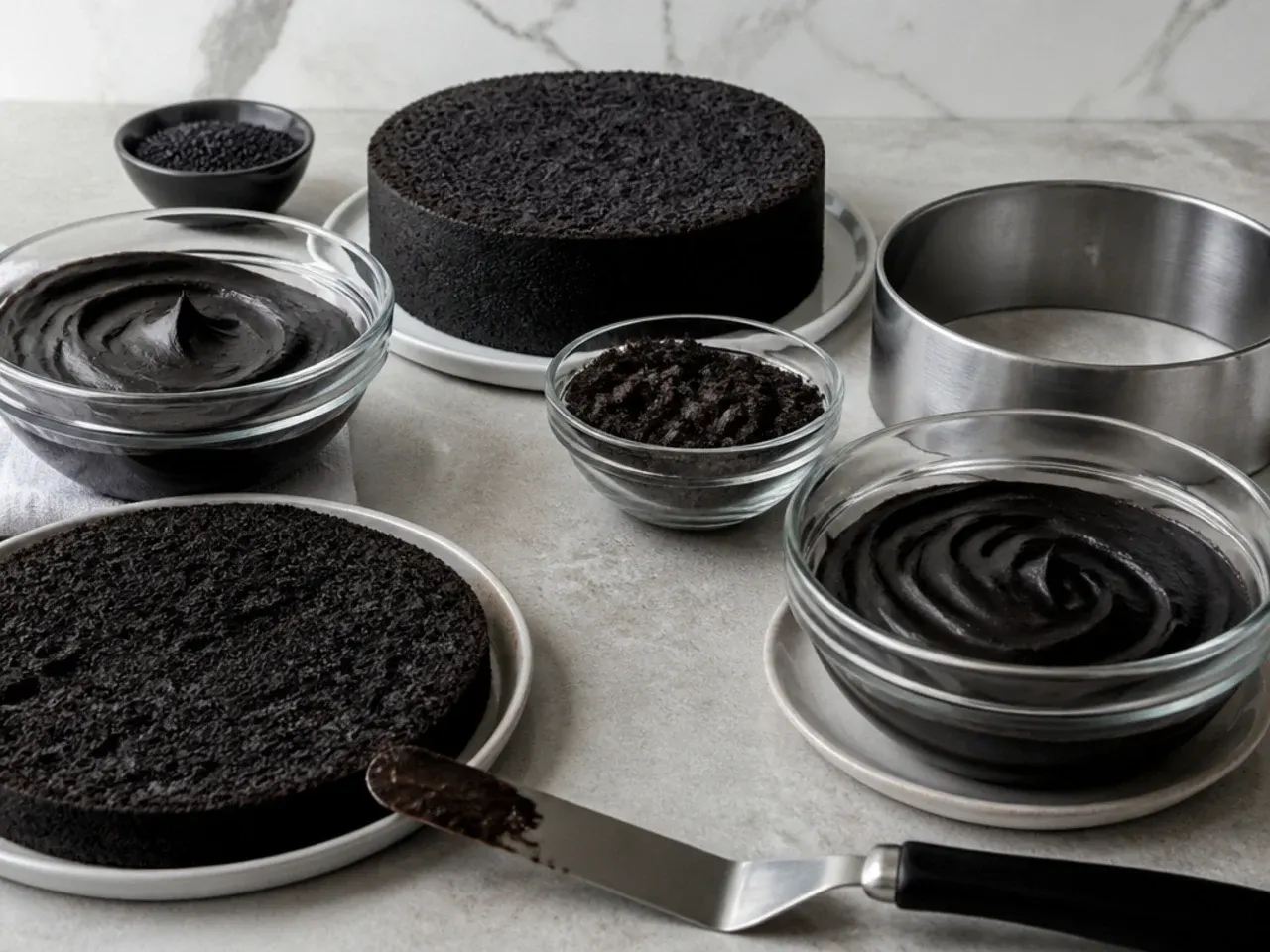 Tools and chilled layers for making a black cake for men at home