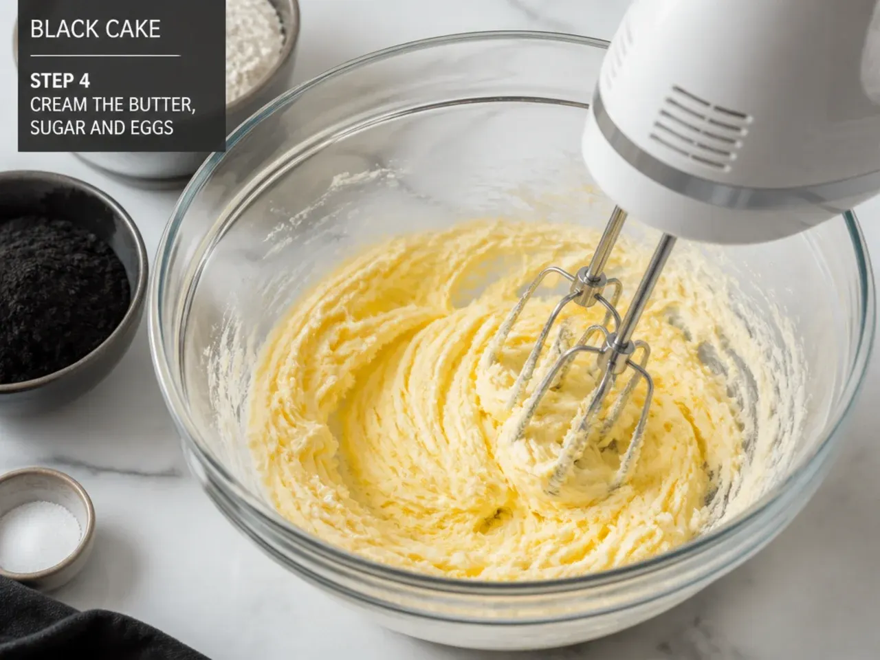 black cake recipe — step 4: cream the butter, sugar and eggs