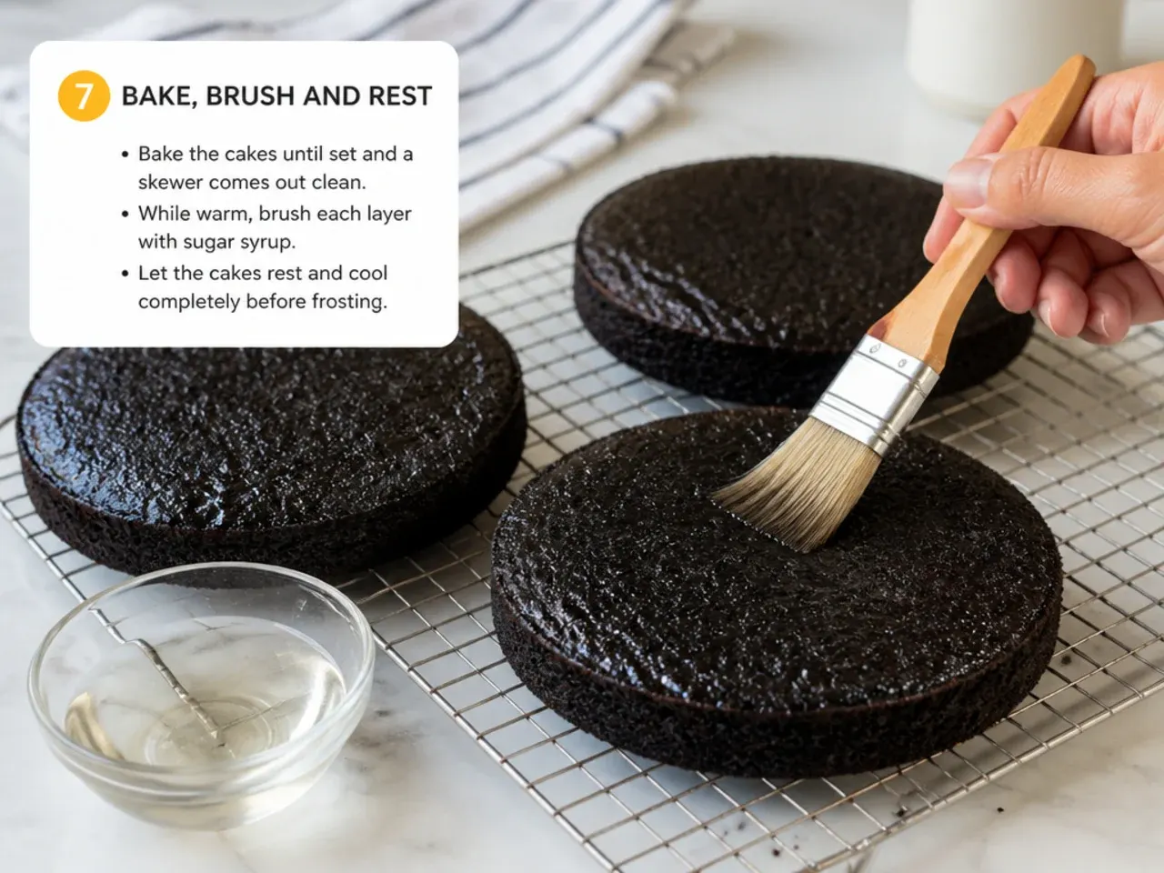 black cake recipe — step 7: bake, brush and rest