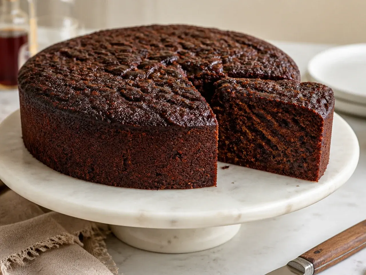 Classic Trinidadian black cake recipe with burnt sugar, sliced on a cake stand