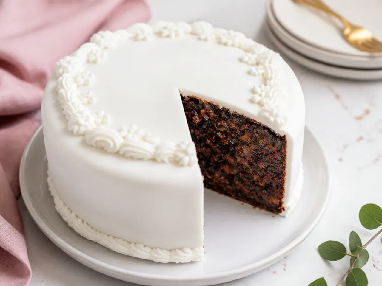 Jamaican wedding black cake recipe covered in marzipan and white royal icing