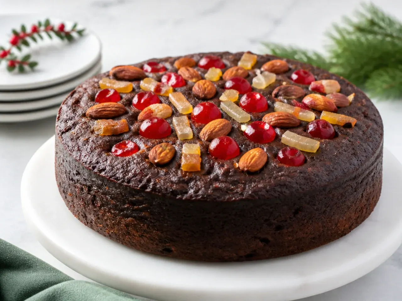 Black cake recipe topped with glacé cherries, candied peel and almonds