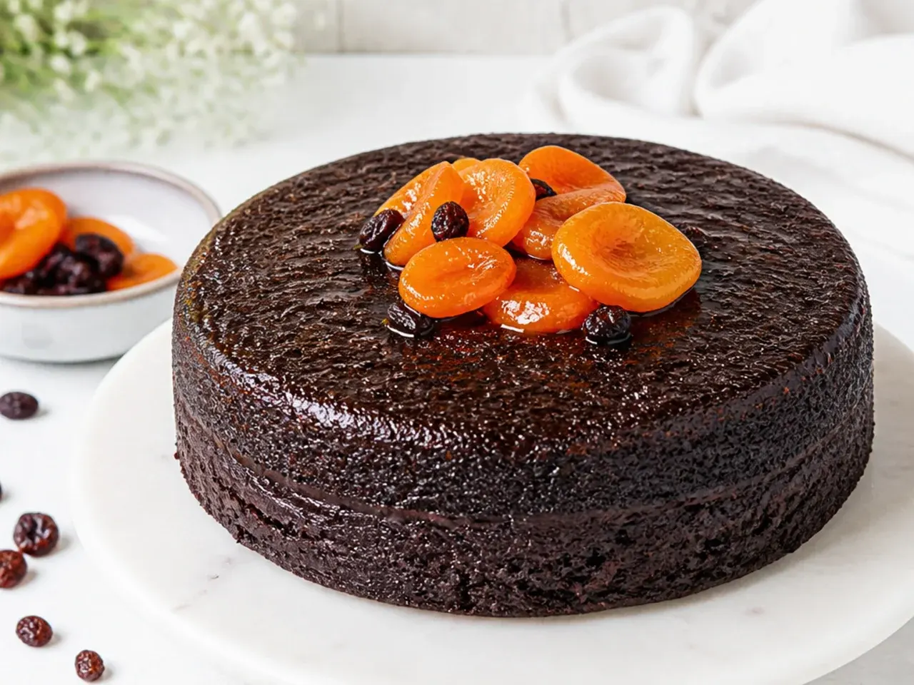 Minimal naked black cake recipe brushed with shiny apricot rum glaze