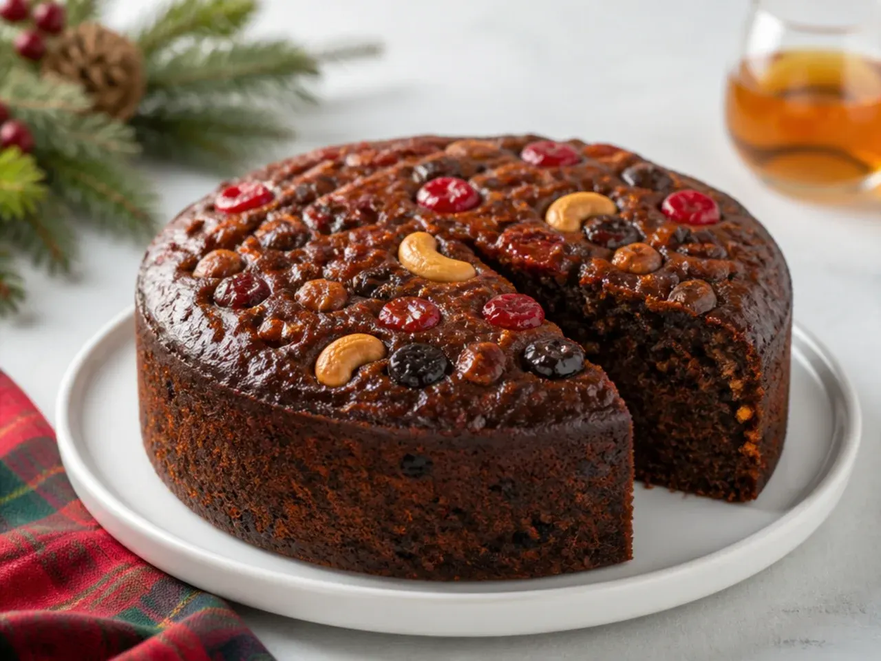 Festive Christmas black cake recipe soaked with spiced rum butter glaze