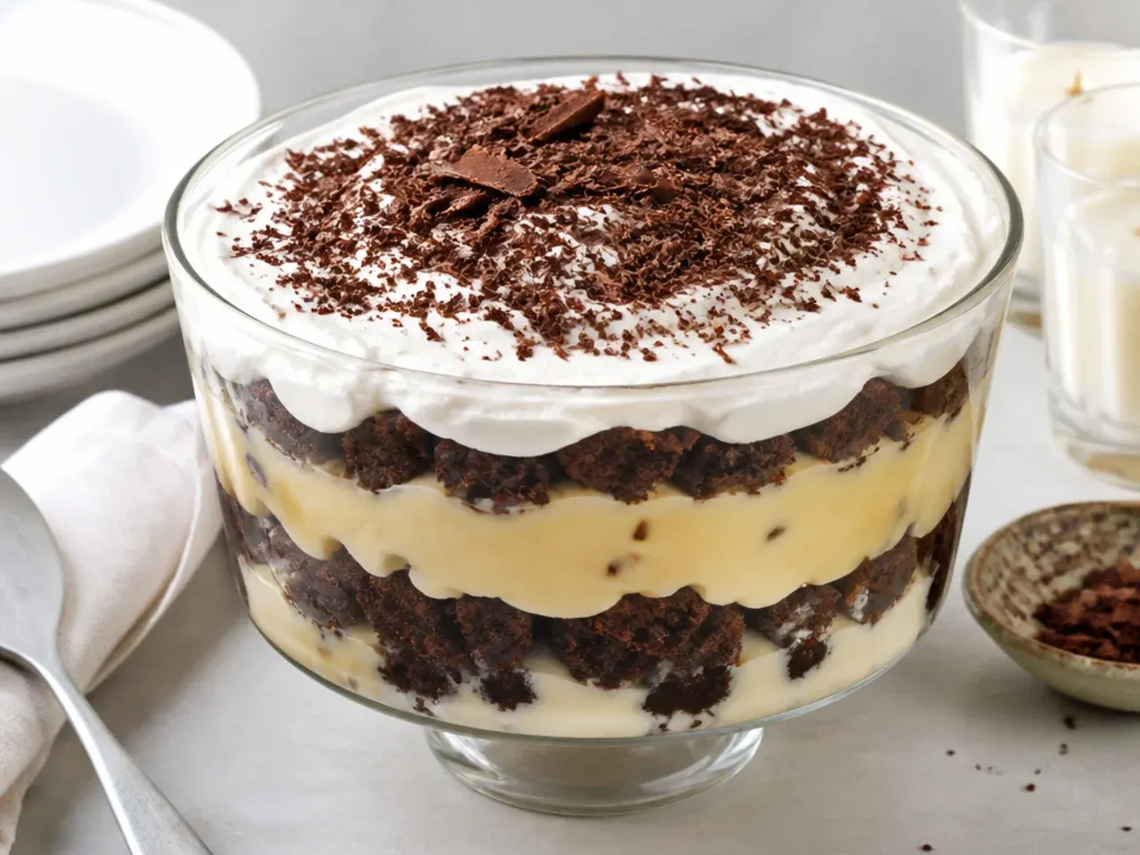 Black cake trifle layered with rum custard and whipped cream in a glass bowl