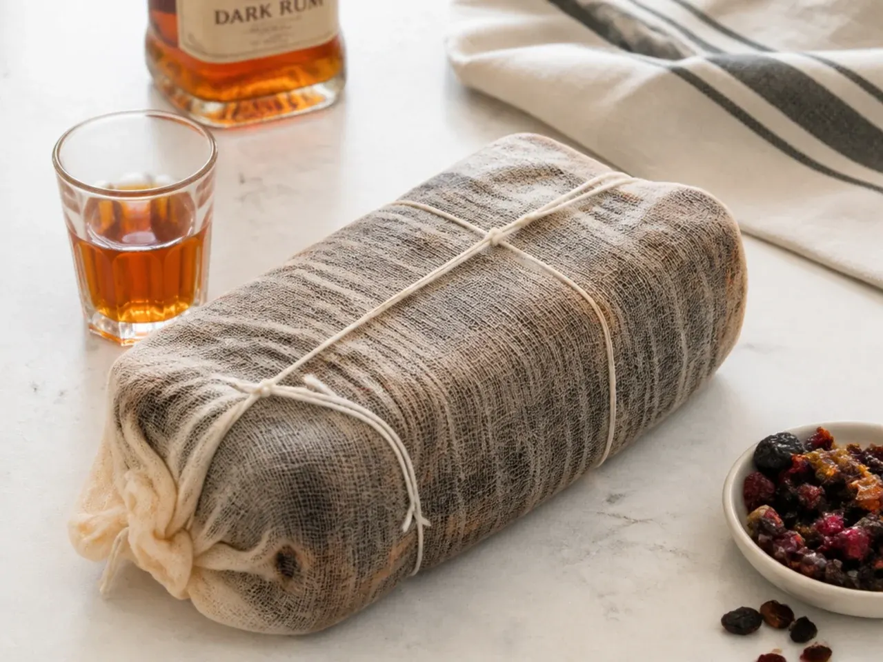 Vintage loaf-tin black cake recipe wrapped in rum-soaked muslin to mature
