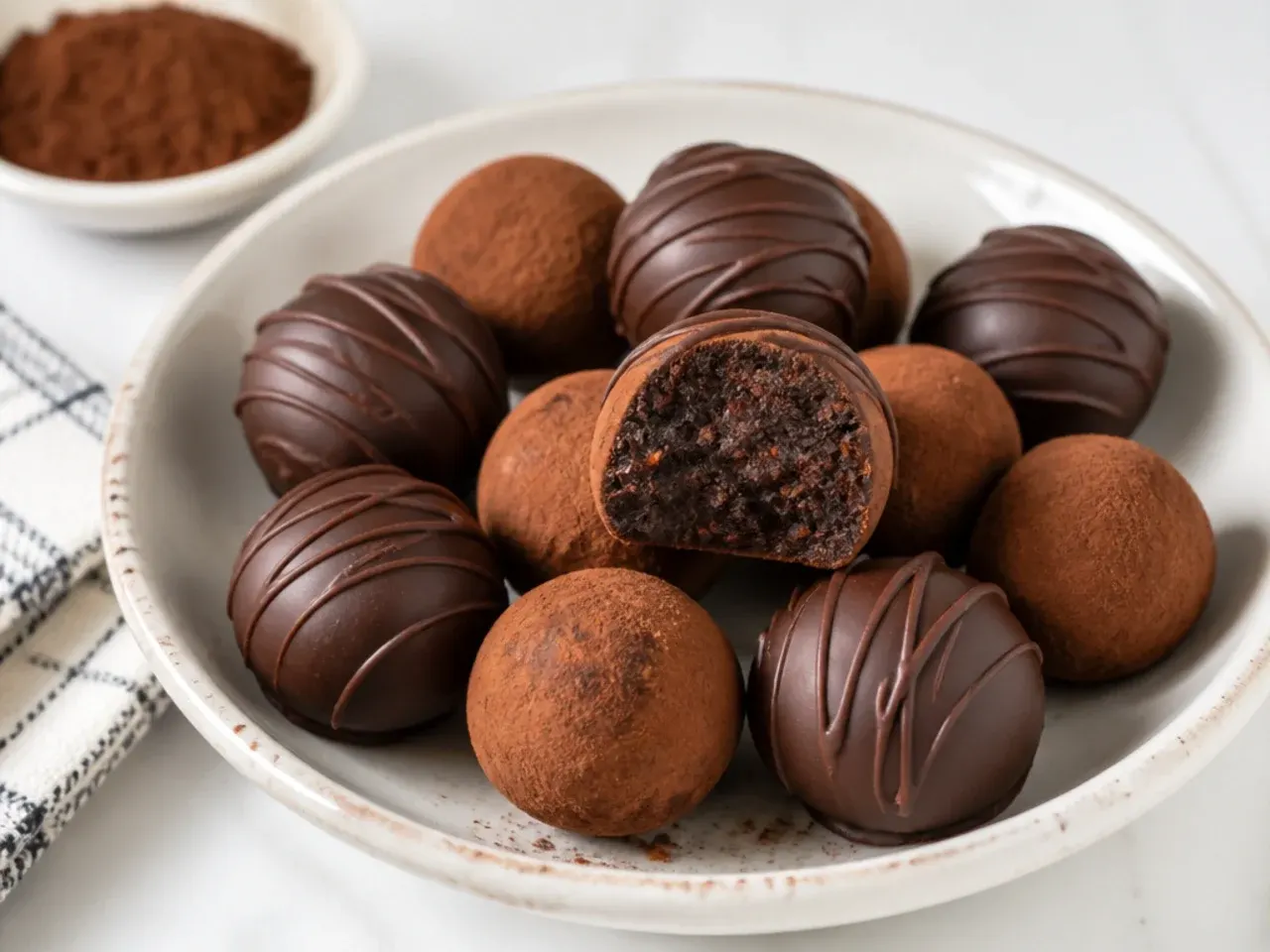 Black cake rum truffles rolled in cocoa and dipped in dark chocolate