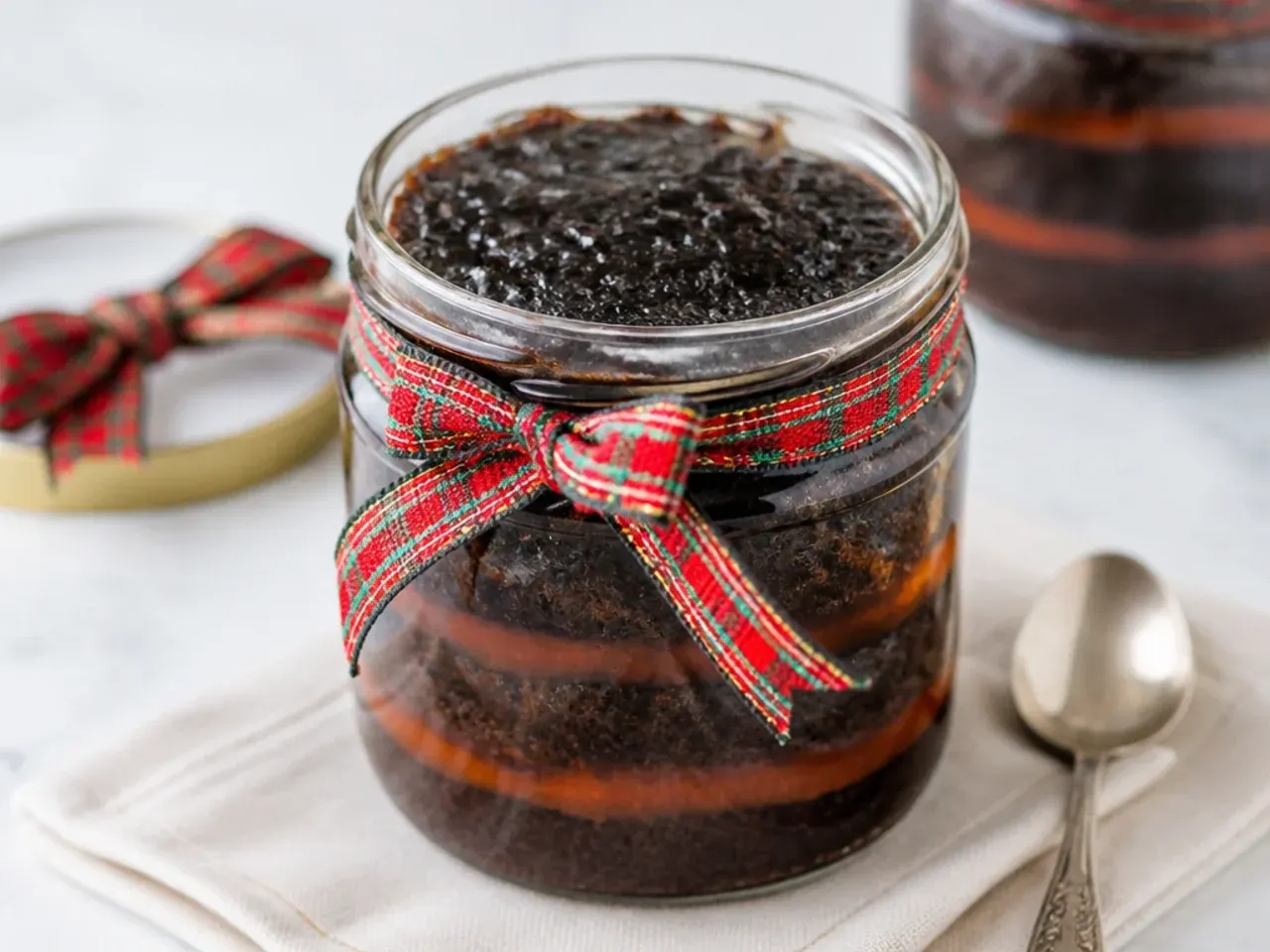 Charming individual black cake gift jars layered with rum syrup