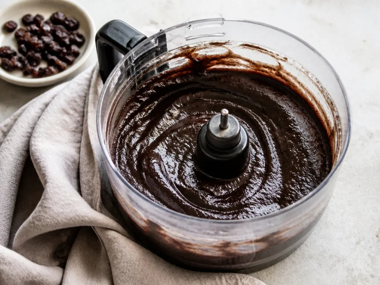 Easy one-bowl food processor black cake recipe batter being mixed