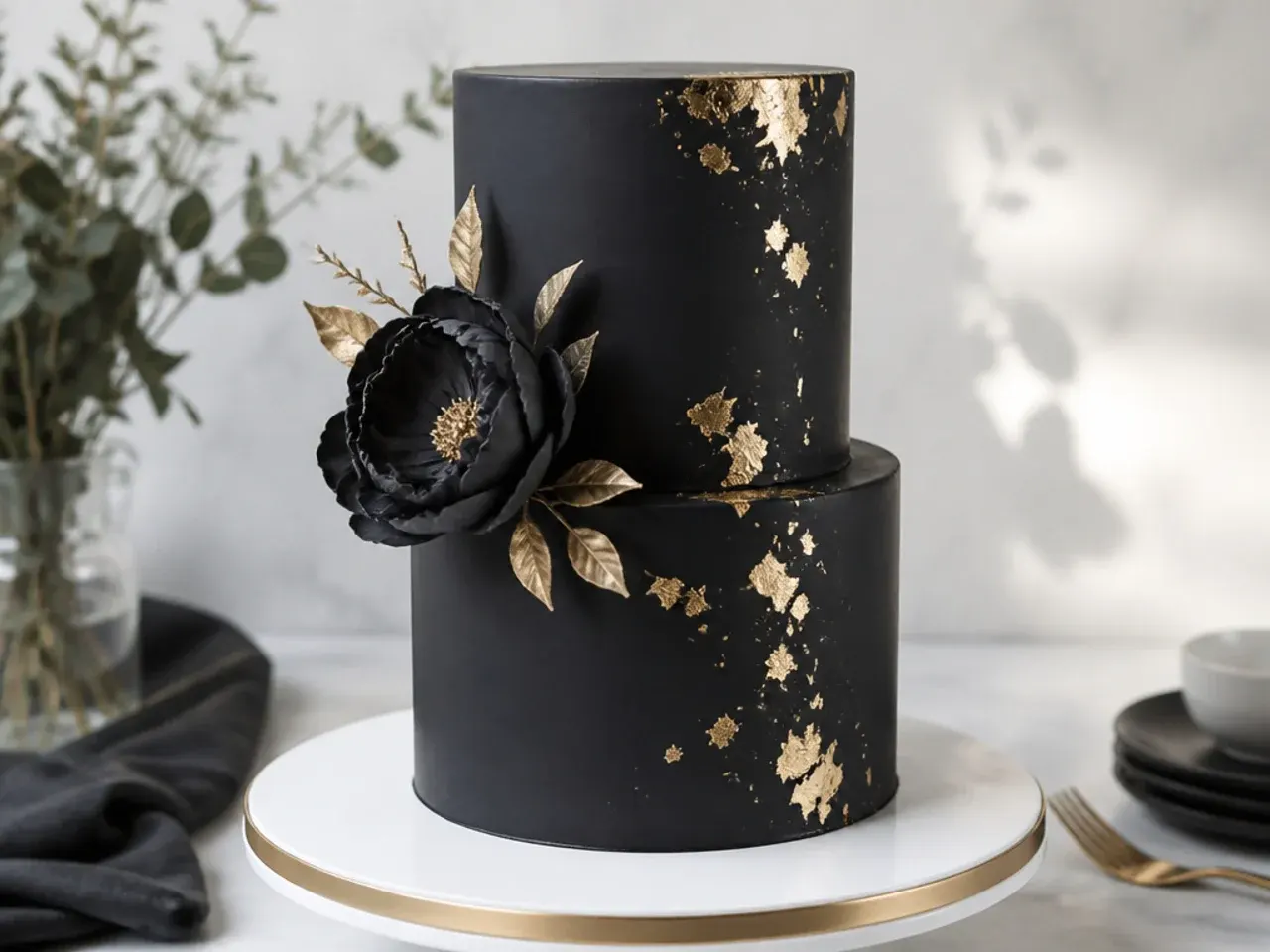 Elegant two-tier black cake recipe covered in fondant with gold leaf accents