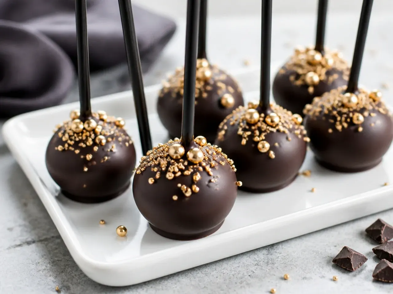 Playful black cake pops dipped in dark chocolate with gold sprinkles
