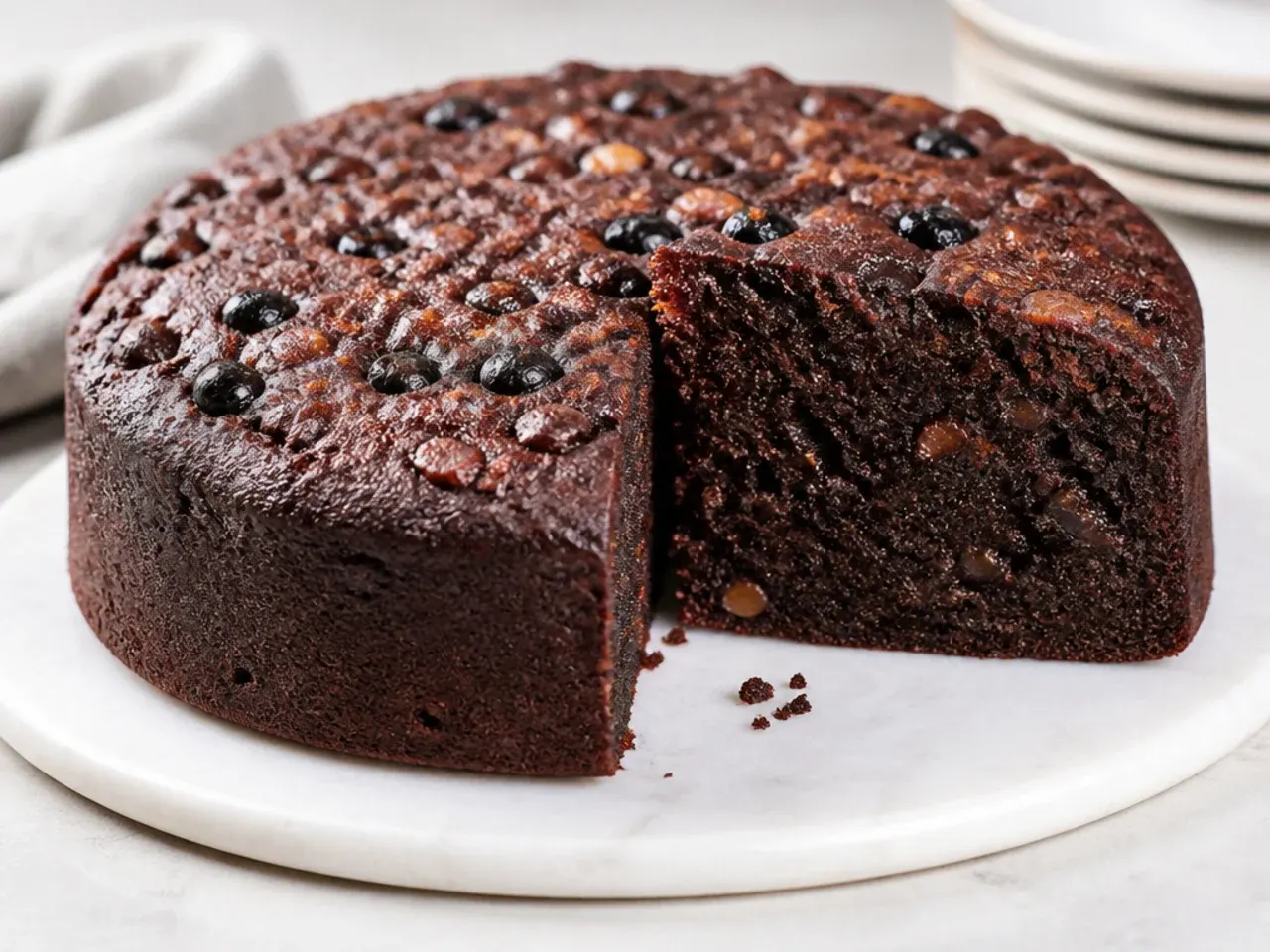 Modern gluten-free black cake recipe baked with a 1:1 flour blend