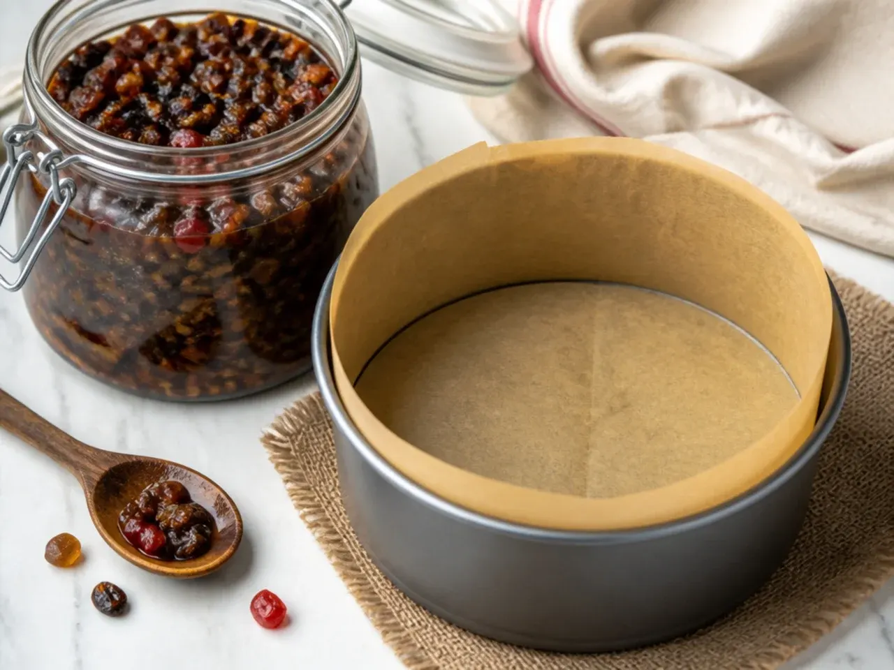 Baking tips for black cake recipes with soaked fruit jar and lined cake tin