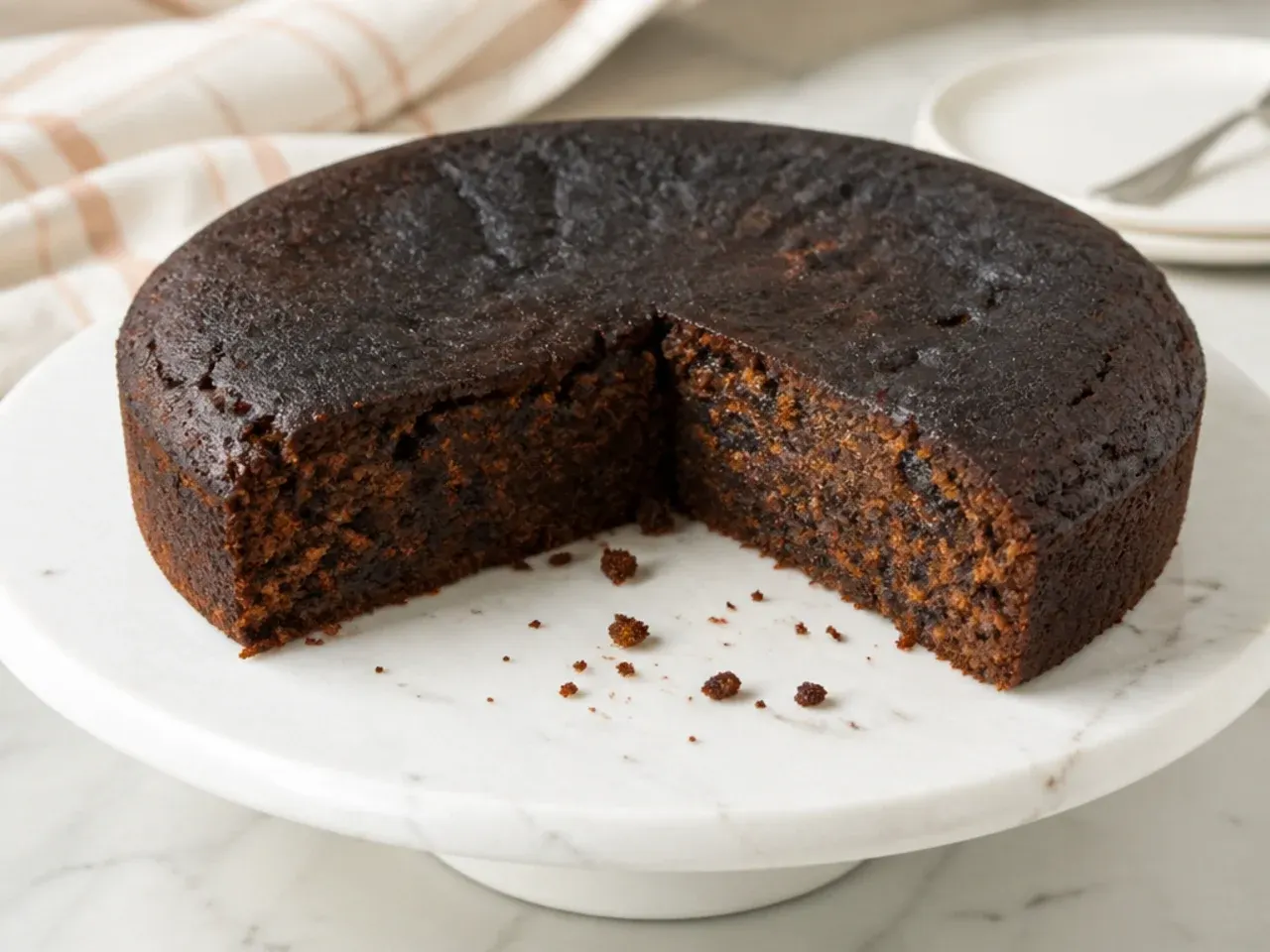 Common black cake recipe mistakes shown with an over-baked dark fruit cake
