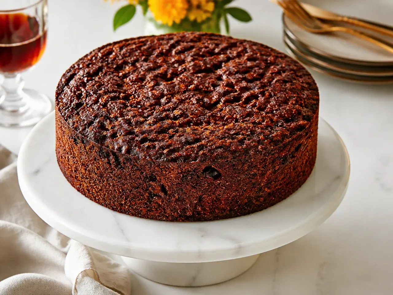 Dark Caribbean black cake made with rum-soaked blended fruit and burnt sugar browning on a cake stand