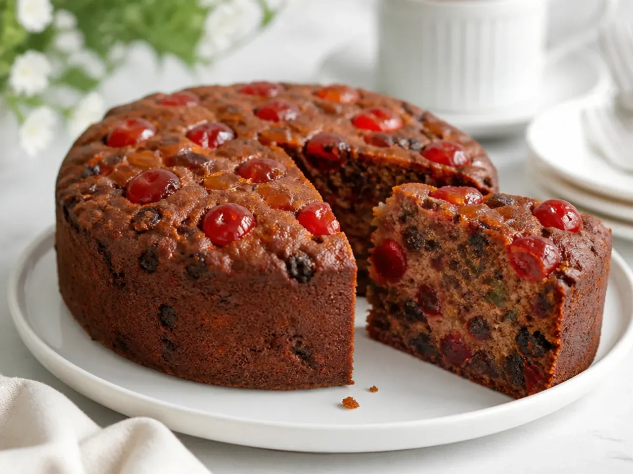 Traditional British fruit cake with whole candied cherries and peel, the lighter option in the black cake vs fruit cake debate