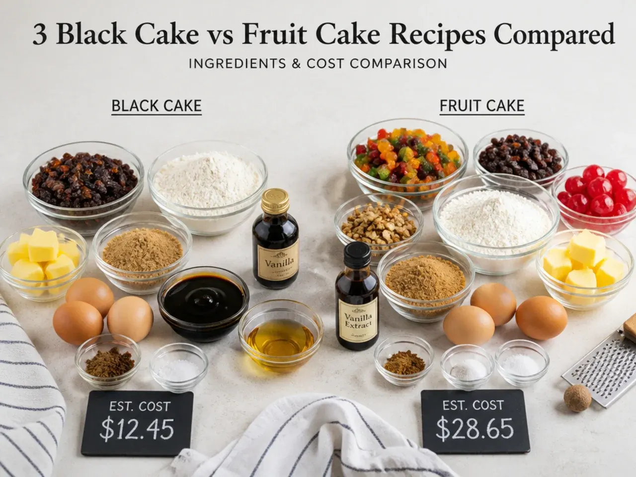 Ingredients for black cake and fruit cake laid out side by side to compare the cost of each bake