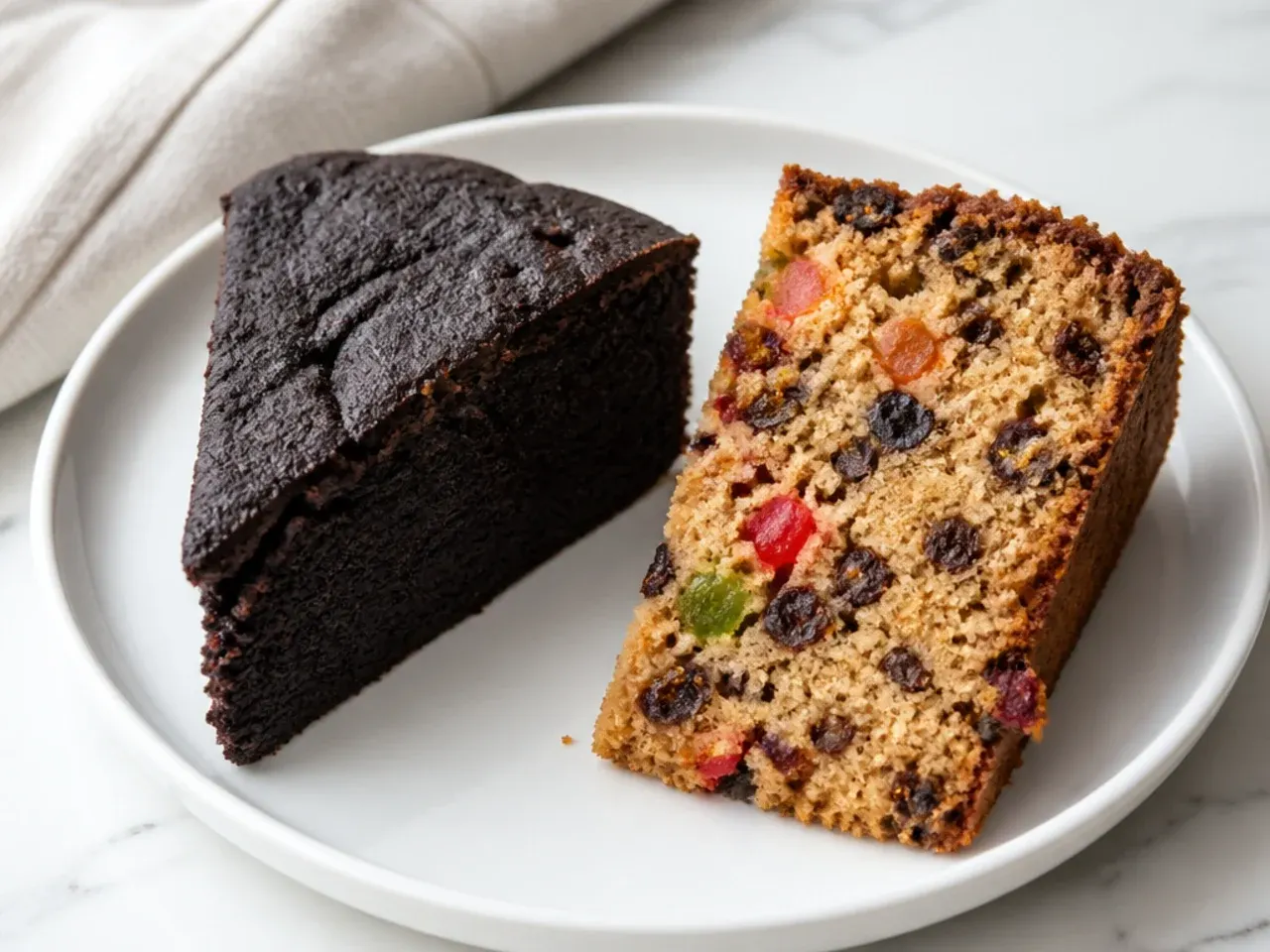 Slice of dense black cake next to a slice of fruit cake showing the texture difference between the two