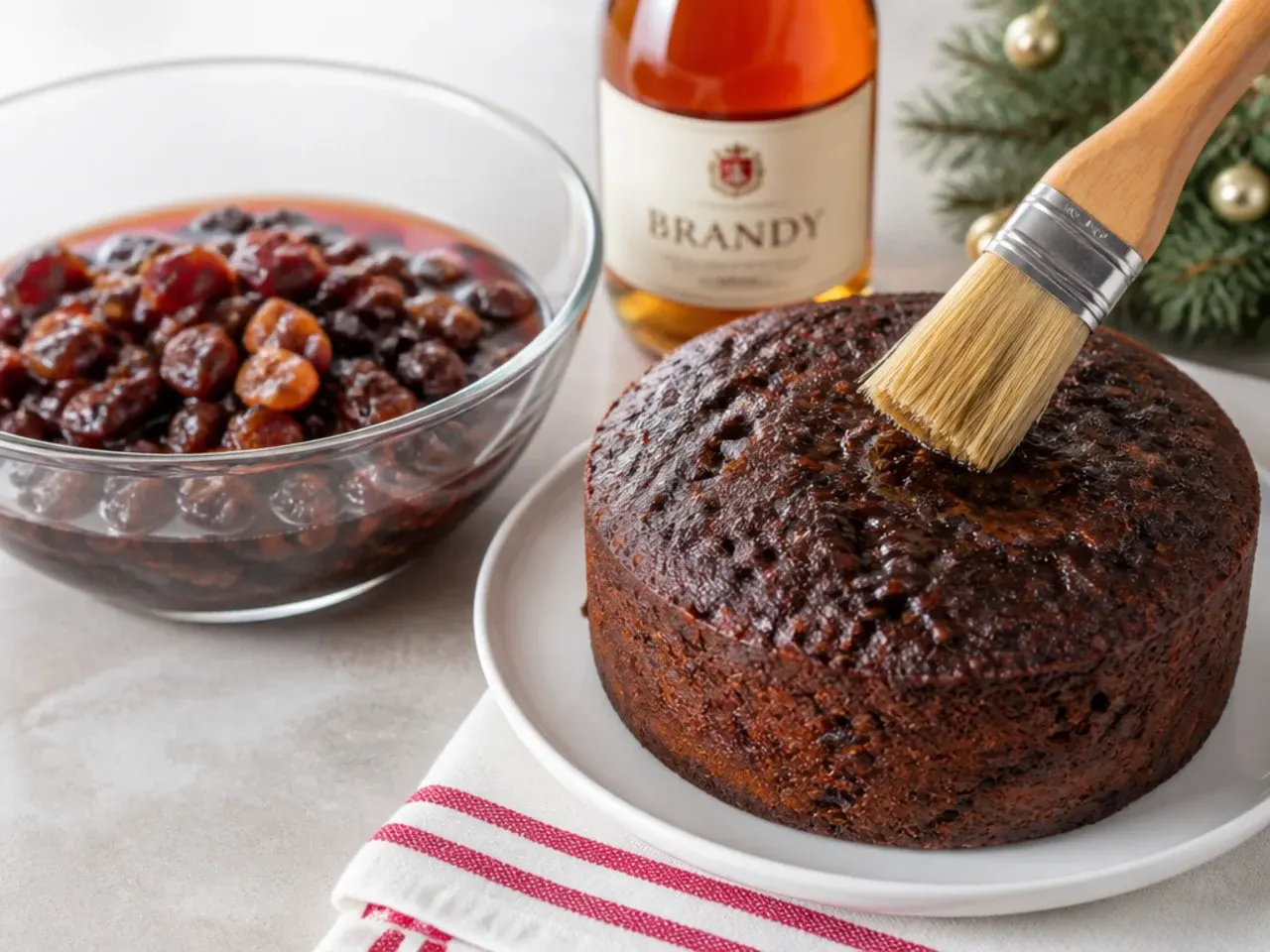 Dried fruit soaking in wine for Caribbean black cake beside a baked fruit cake being fed with brandy