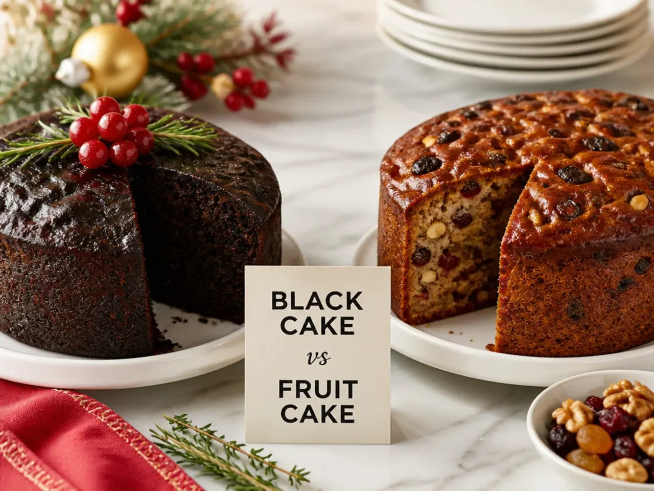 Black cake vs fruit cake displayed side by side to help choose the best bake for Christmas