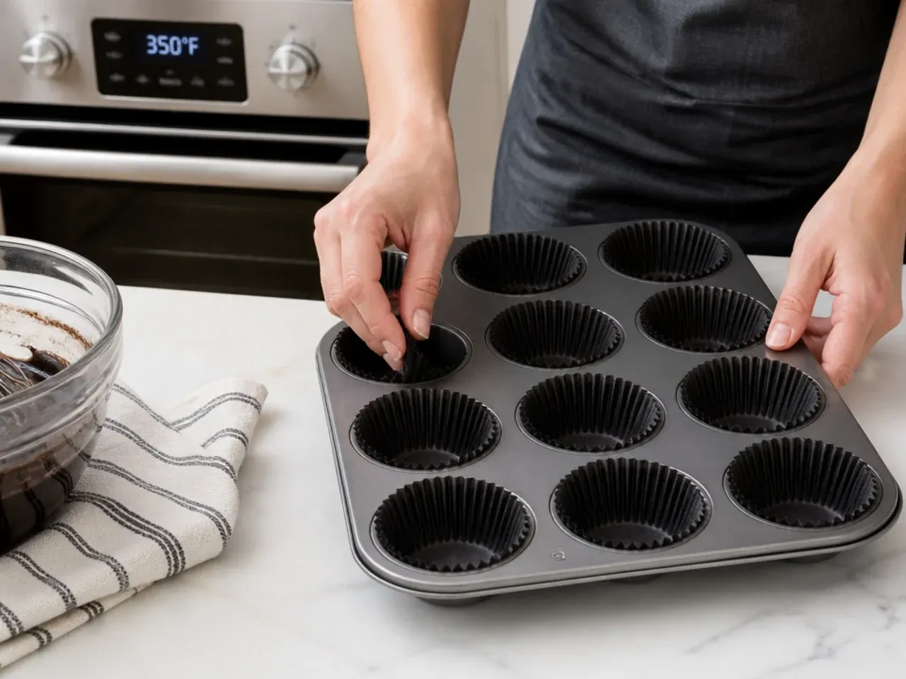 black cupcakes — step 1: heat the oven and line the pan
