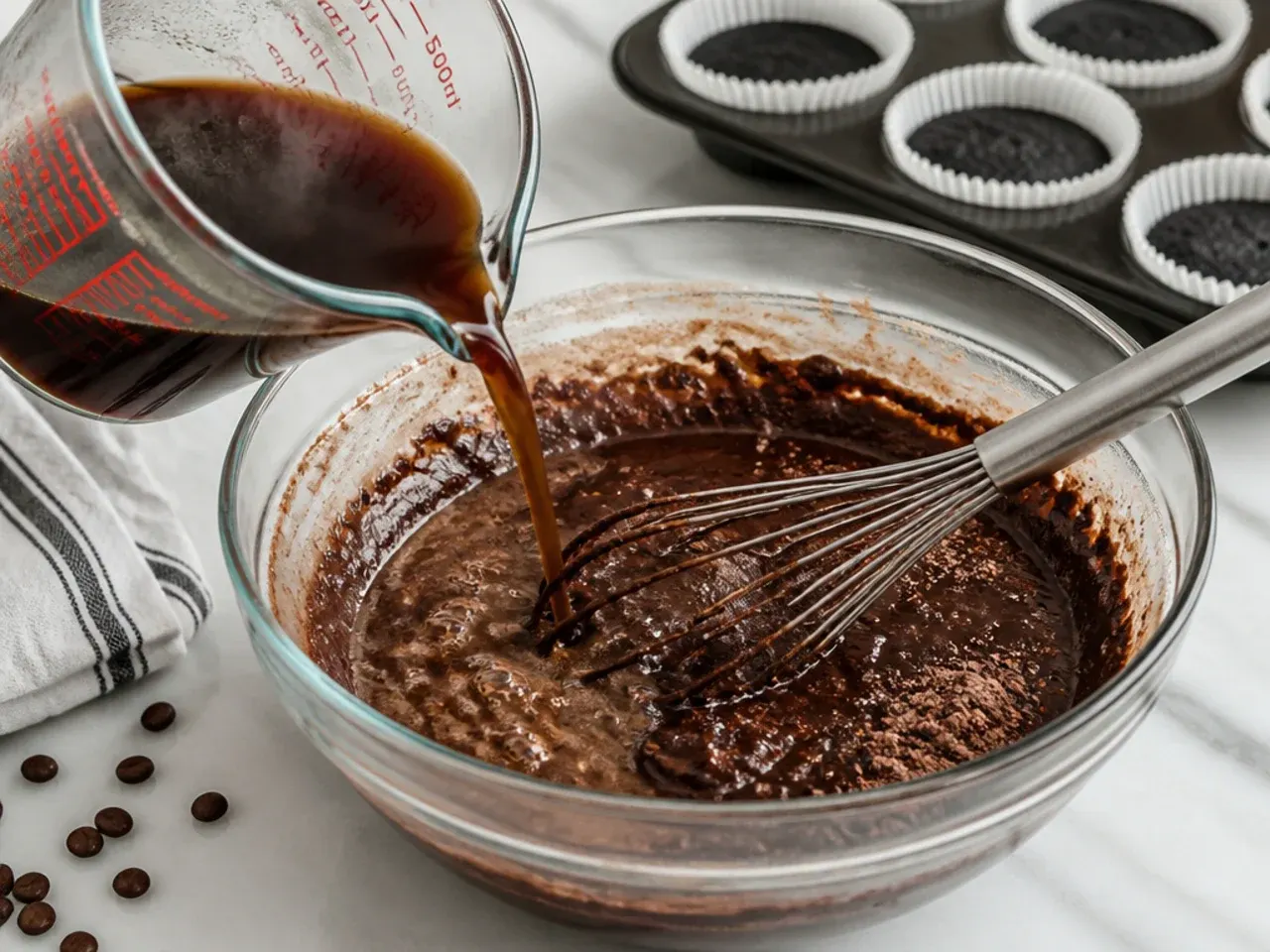 black cupcakes — step 5: add the hot coffee