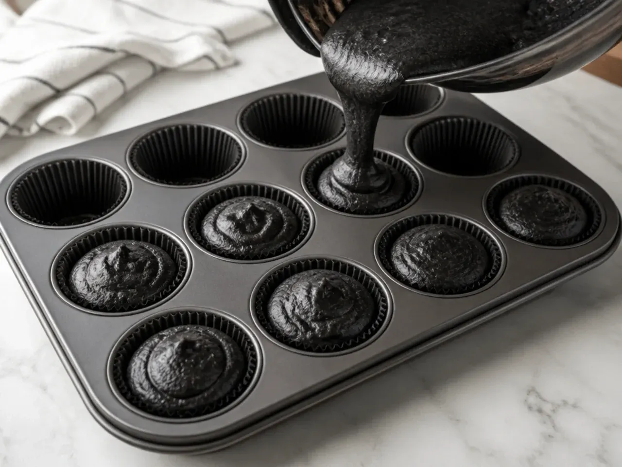 black cupcakes — step 6: fill and bake
