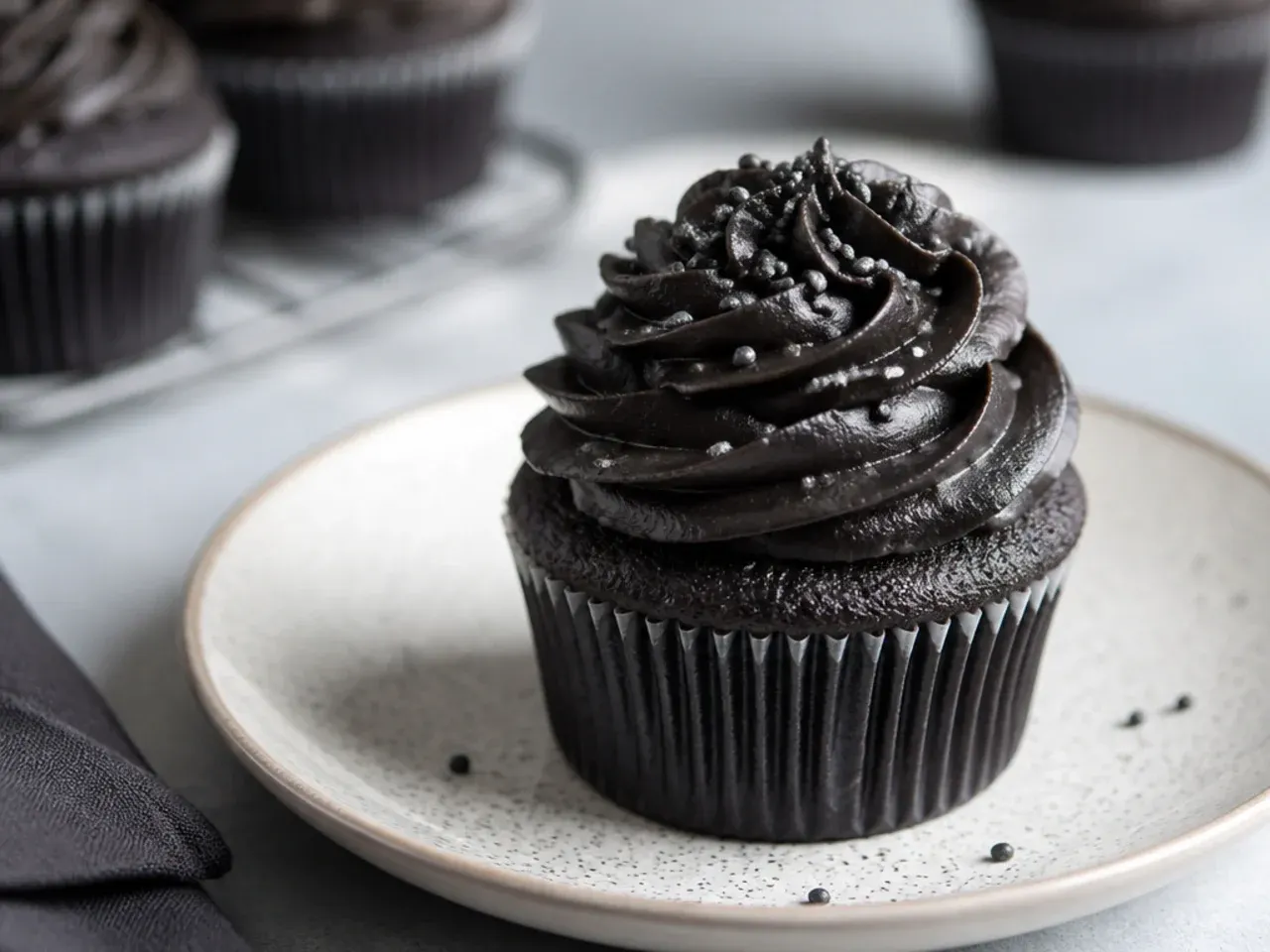 Easy black cupcakes made from doctored box mix with black cocoa frosting