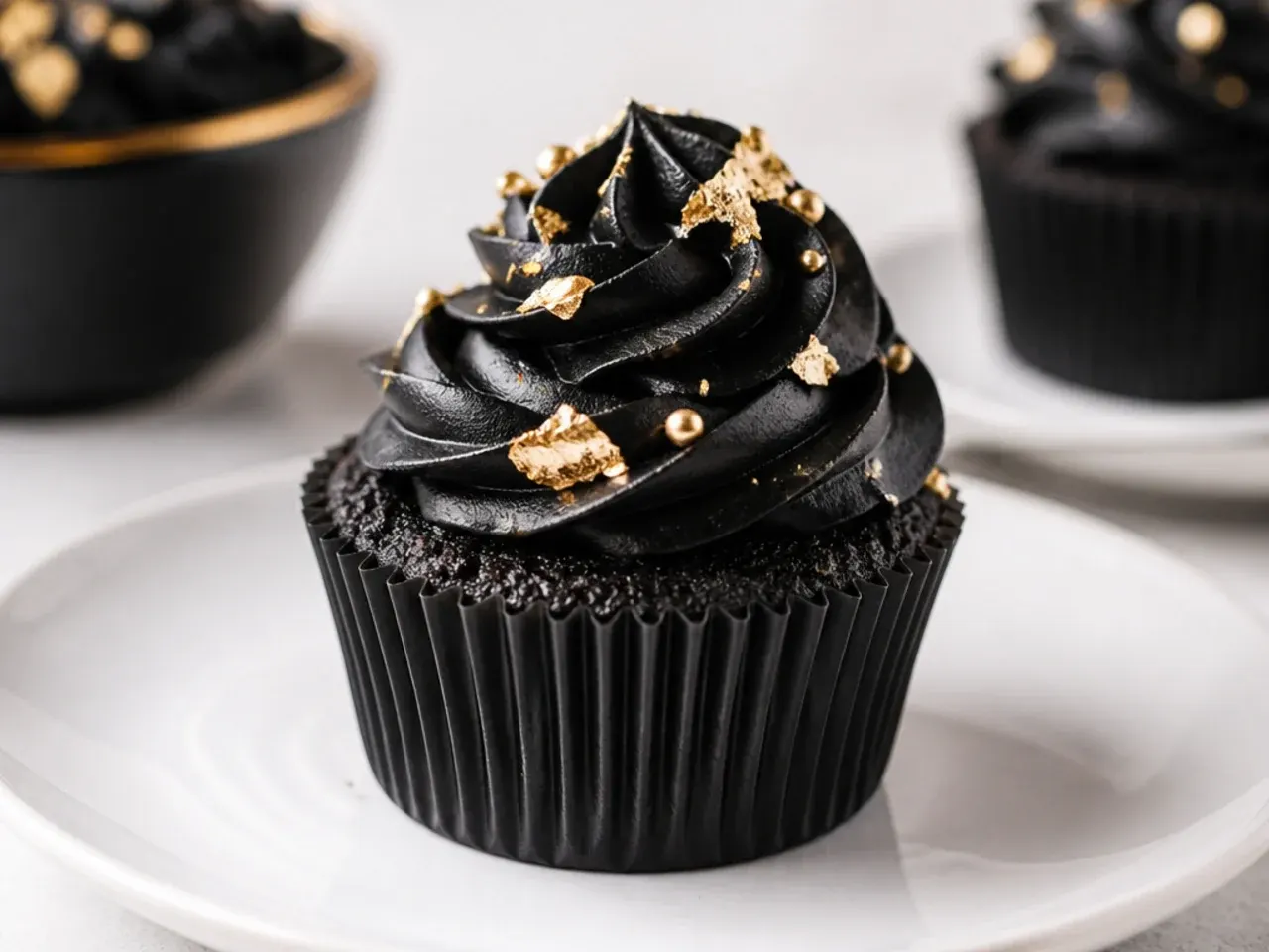 Elegant black cupcakes decorated with edible gold leaf accents