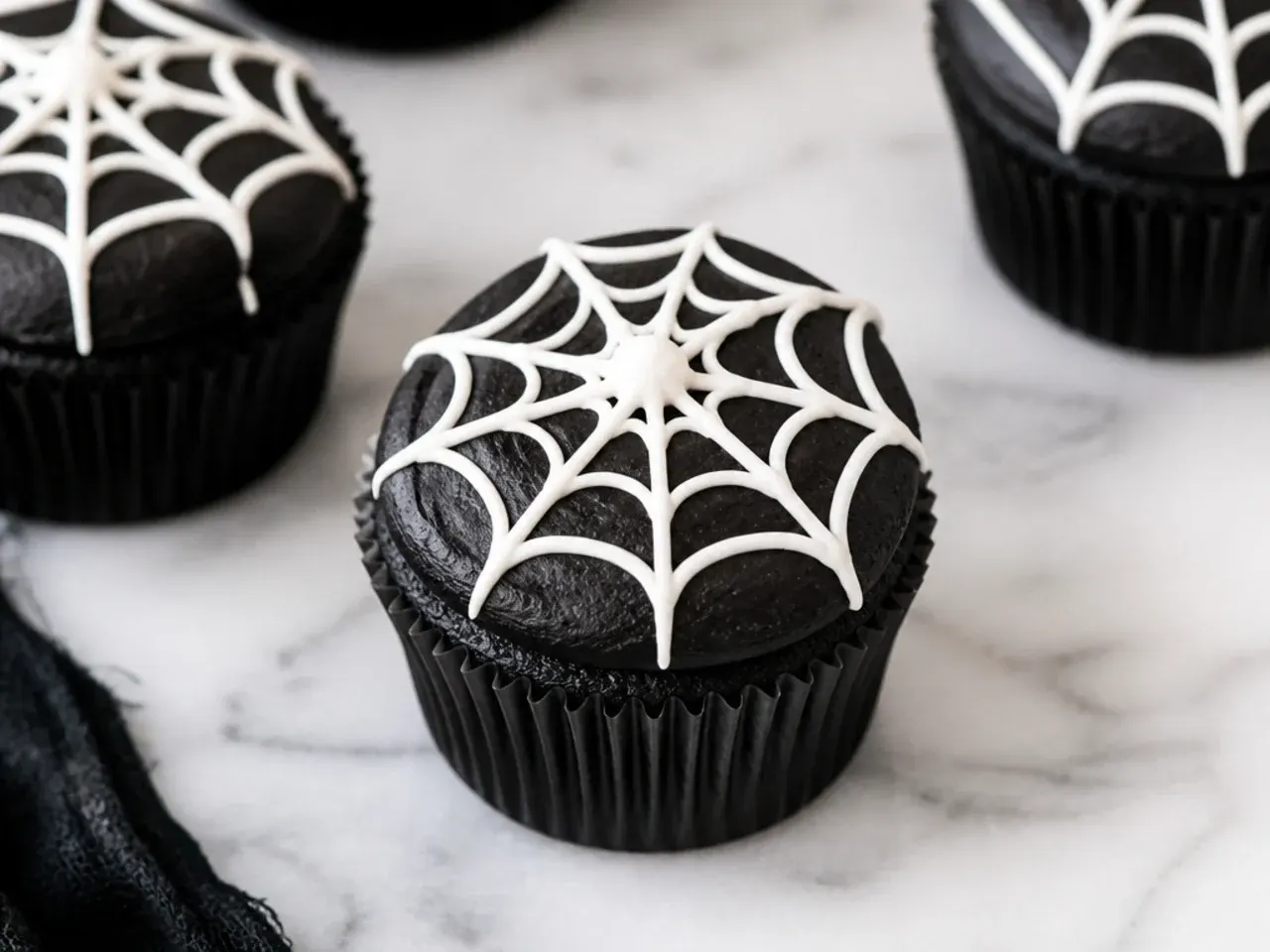 Playful black cupcakes with white spiderweb design for Halloween